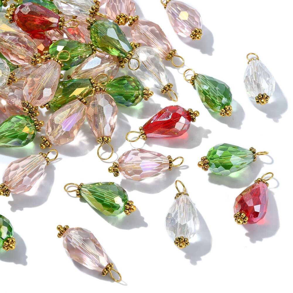 7729 100pcs Random Glass Water Drop Charms - Colorful Faceted Bead Dangle